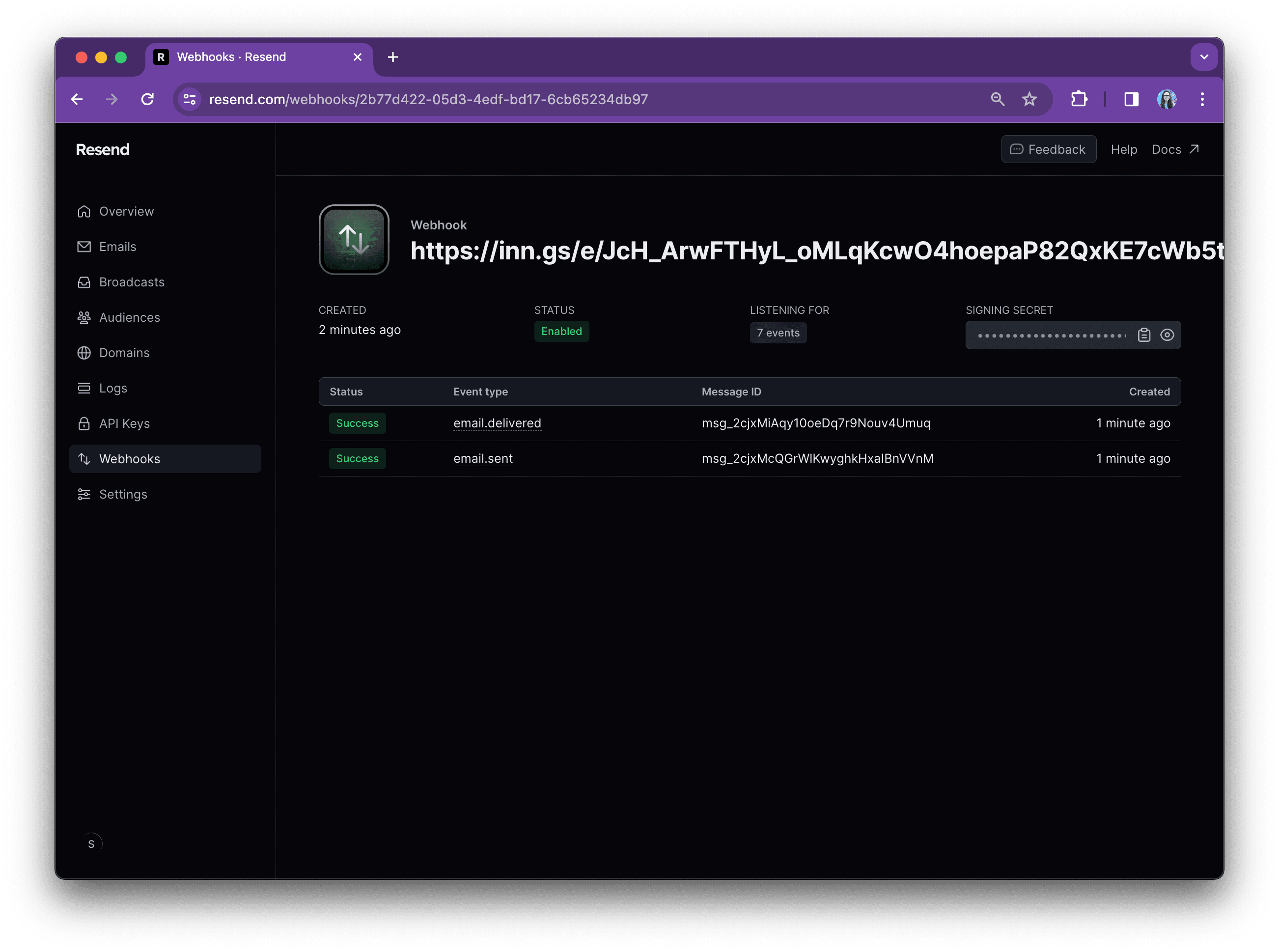 The webhook page on the Resend dashboard now featuring one connected webhook and two events.