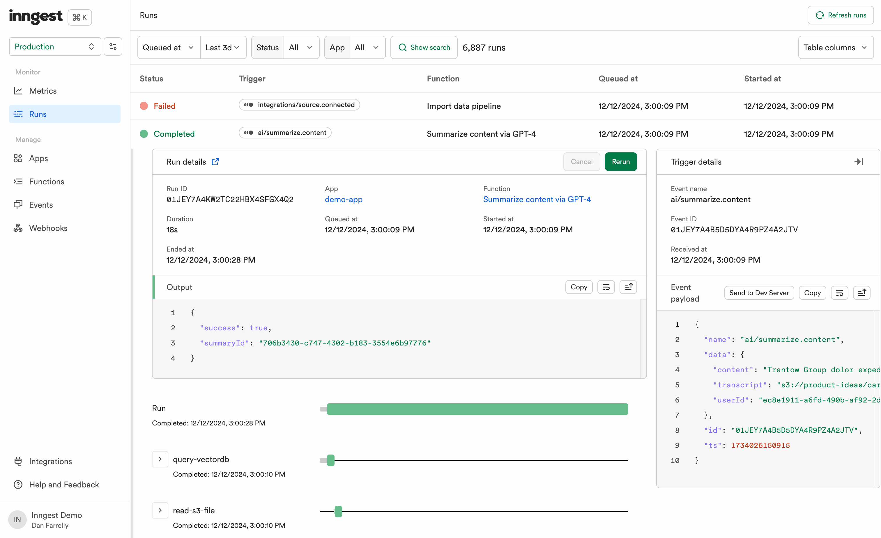 Screenshot of Inngest function runs and traces